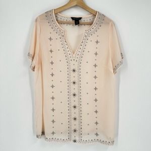 WHBM Blouse Short Sleeve Beaded Pink Sheer Size 14 V neck